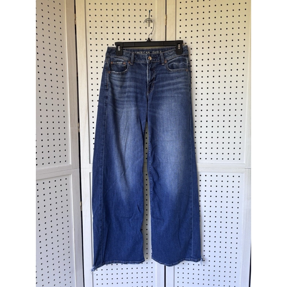 American Eagle Womens 0 Reg  Low-Rise Baggy Wide Leg Jeans Dark Stretch Raw Hem